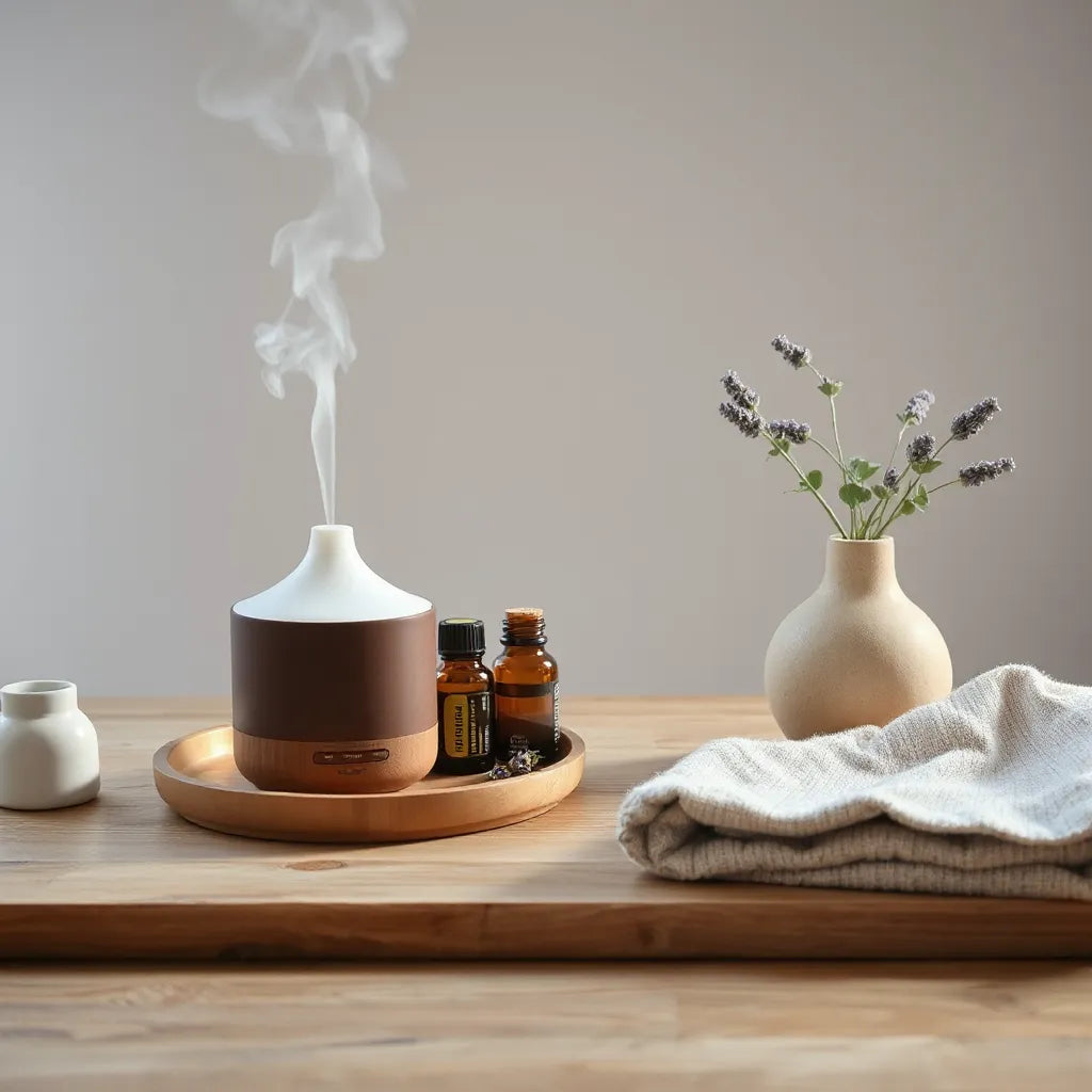 Glass diffuser releasing soft mist with organic essential oil bottles, greenery, and warm calming light on a wooden table