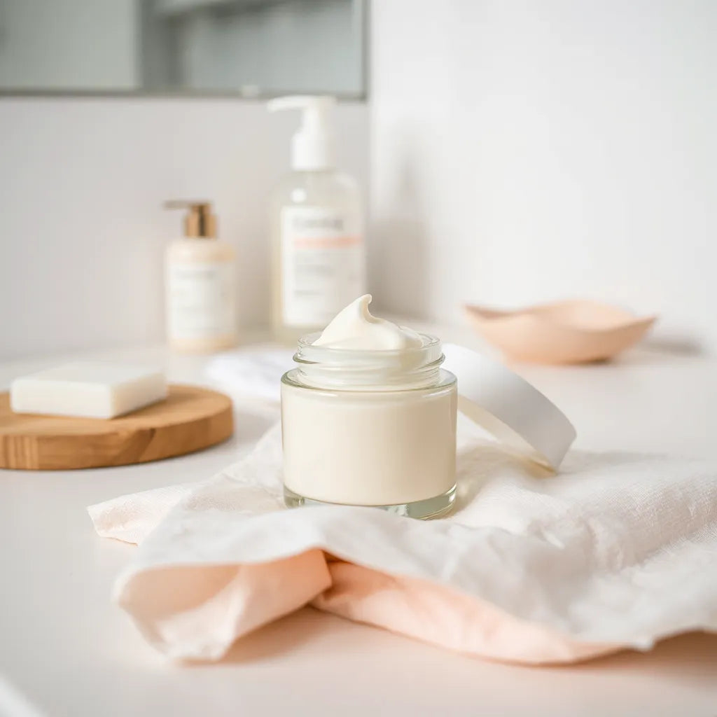 Jar of moisturizing face cream with soft natural light on a clean vanity