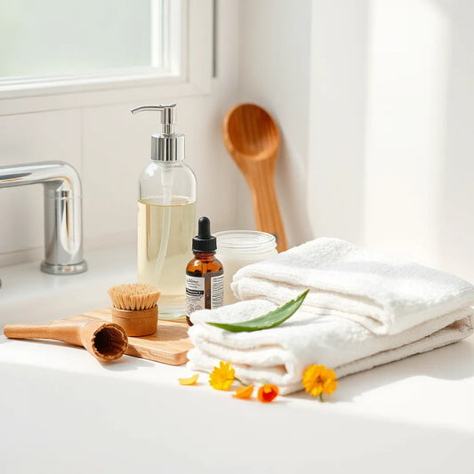 Natural skincare products arranged on a light vanity with plants and reusable cotton cloths