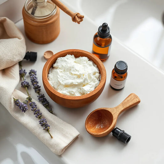 Creamy aromatherapy body scrub in a wooden bowl with lavender sprigs and essential oil bottles