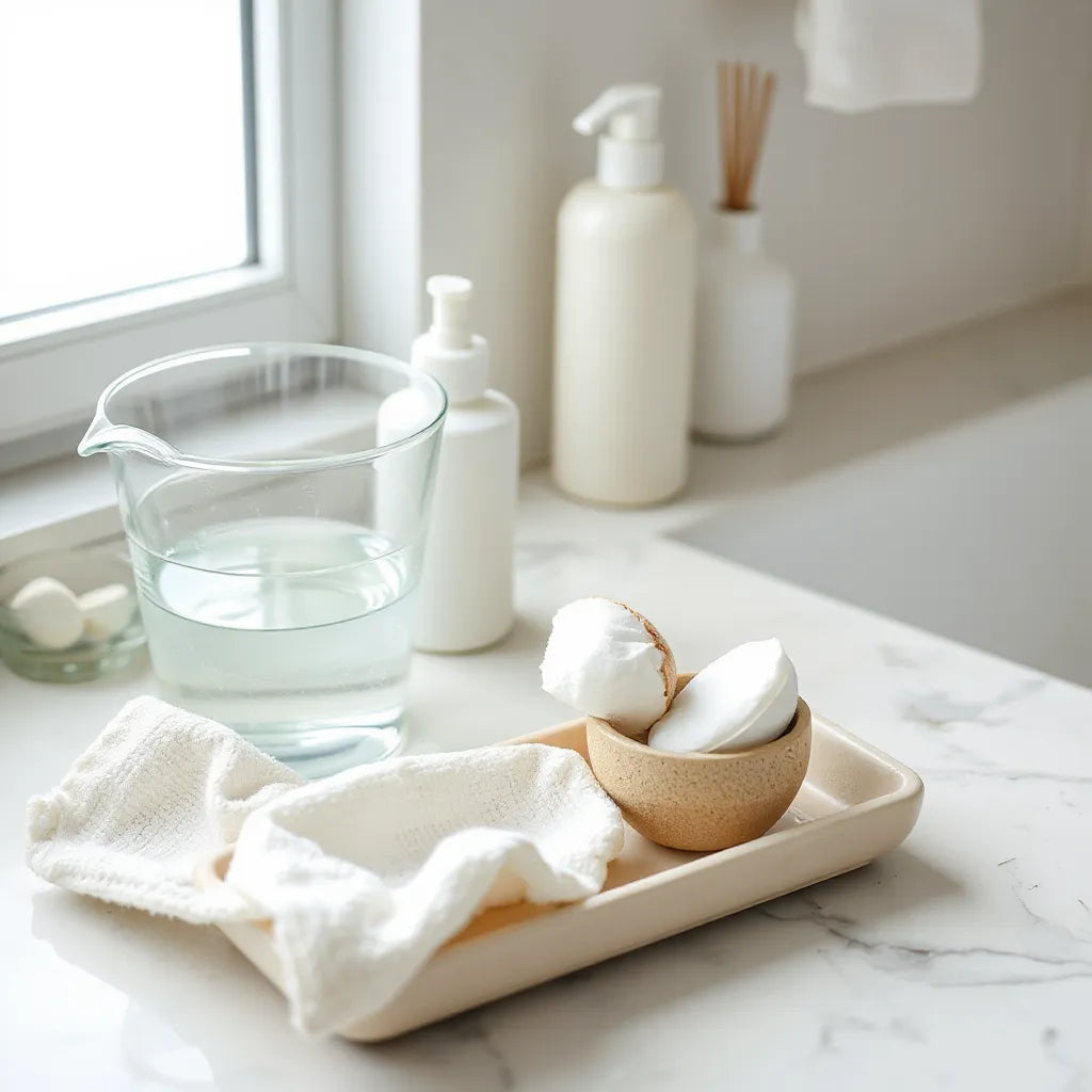 Warm water, soft washcloth, and gentle cleanser arranged on a clean vanity for facial cleansing