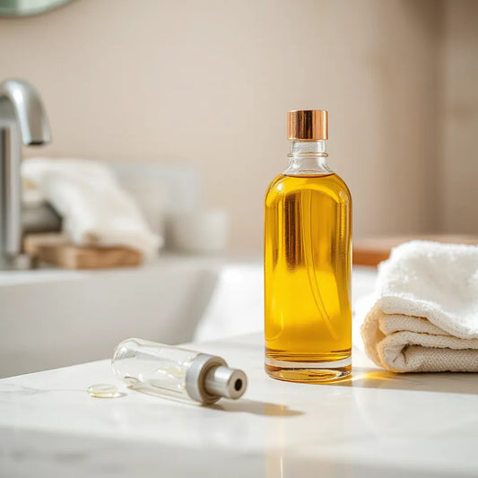 Glass bottle of golden body oil on a clean vanity with a towel and soft natural lighting