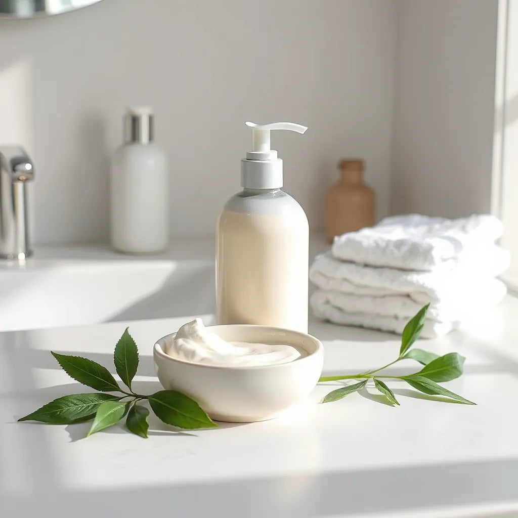 Pump bottle of creamy moisturizing body lotion with a small dollop and fresh leaves on a clean vanity