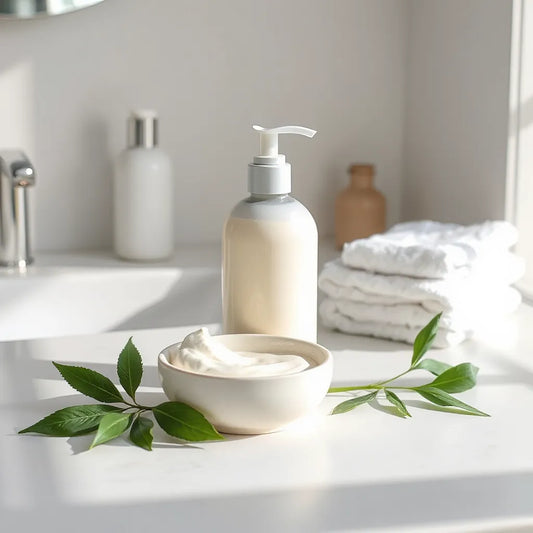 Pump bottle of creamy moisturizing body lotion with a small dollop and fresh leaves on a clean vanity