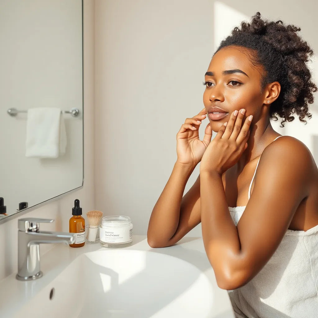 Person with melanin-rich skin applying moisturizer at a clean vanity with skincare essentials nearby