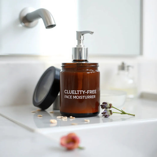 Jar and pump bottle of gentle face moisturizer with oat flakes and fresh botanical accents on a clean vanity