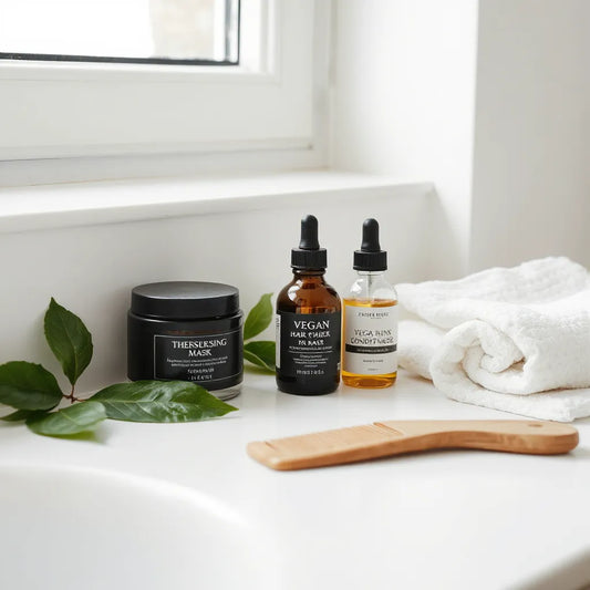 Vegan hair care products and natural leaves on a minimalist bathroom countertop