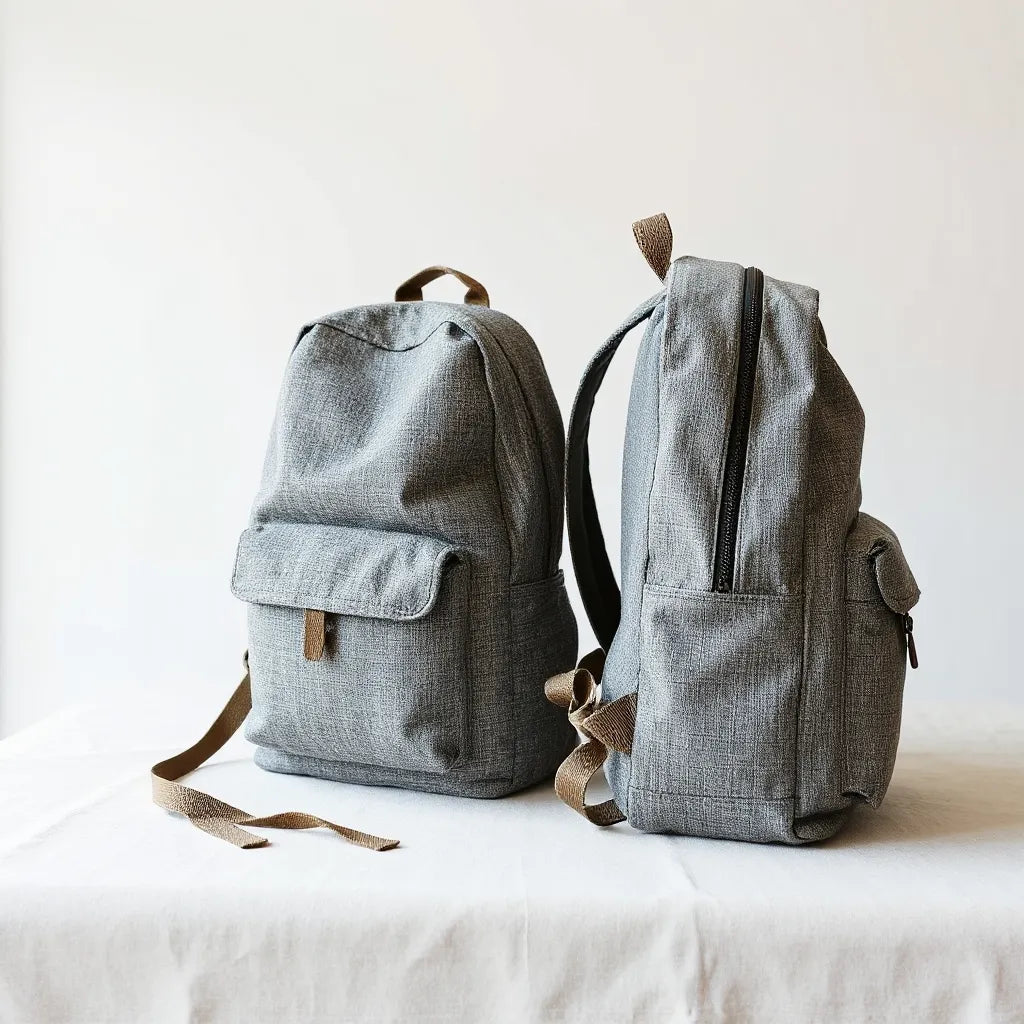 Two modern backpacks made from recycled fabric with visible texture, zippers, and adjustable straps.