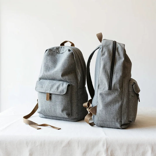 Two modern backpacks made from recycled fabric with visible texture, zippers, and adjustable straps.