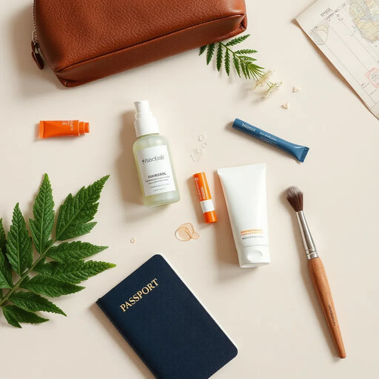 Travel-size skincare bottles and sunscreen arranged beside a toiletry pouch and small travel items.