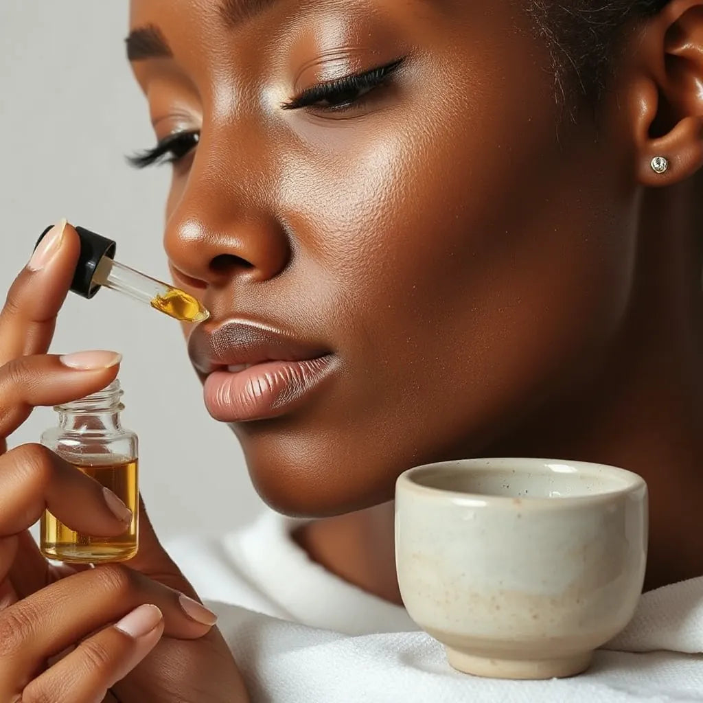 Person with deep brown skin applying facial serum for a healthy glow in soft studio lighting