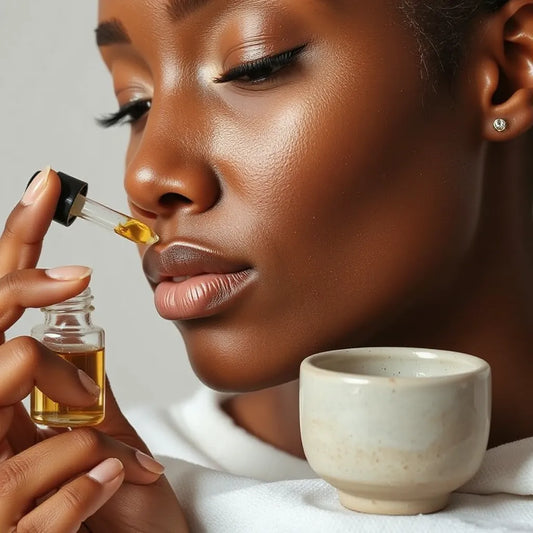 Person with deep brown skin applying facial serum for a healthy glow in soft studio lighting