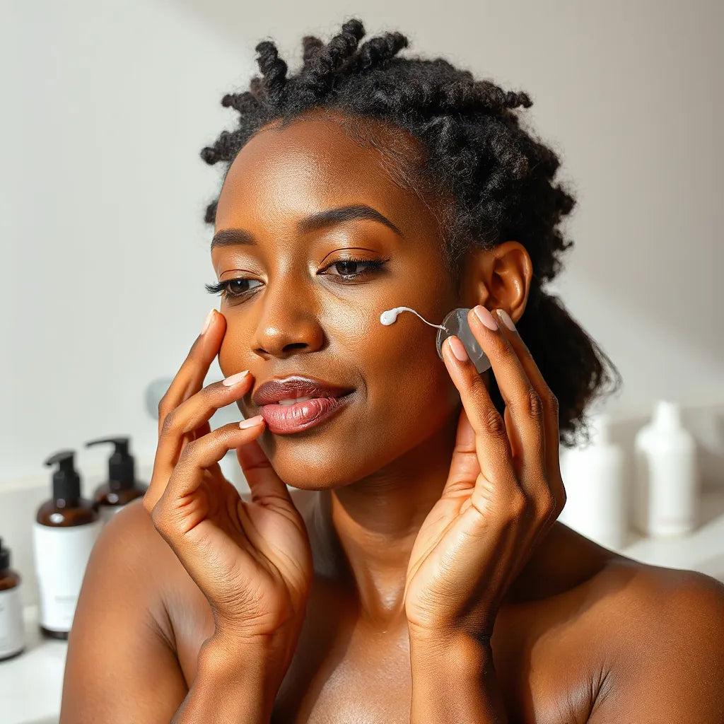 Person with melanin-rich skin applying a gentle moisturizer on the face in soft natural light