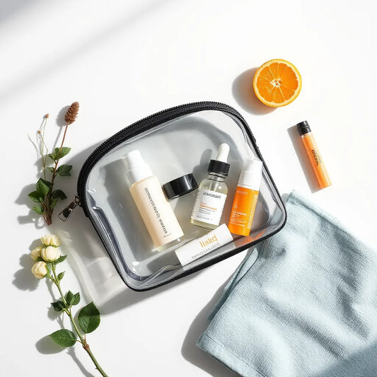 Compact travel skincare set with mini cleanser, moisturizer, serum, sunscreen, and lip balm in a zip pouch