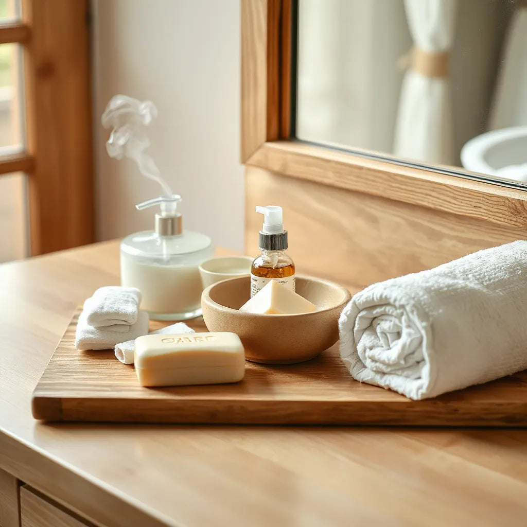 Warm-lit skincare setup with bottles, dropper, cotton pads, and a rolled towel on a wooden vanity.