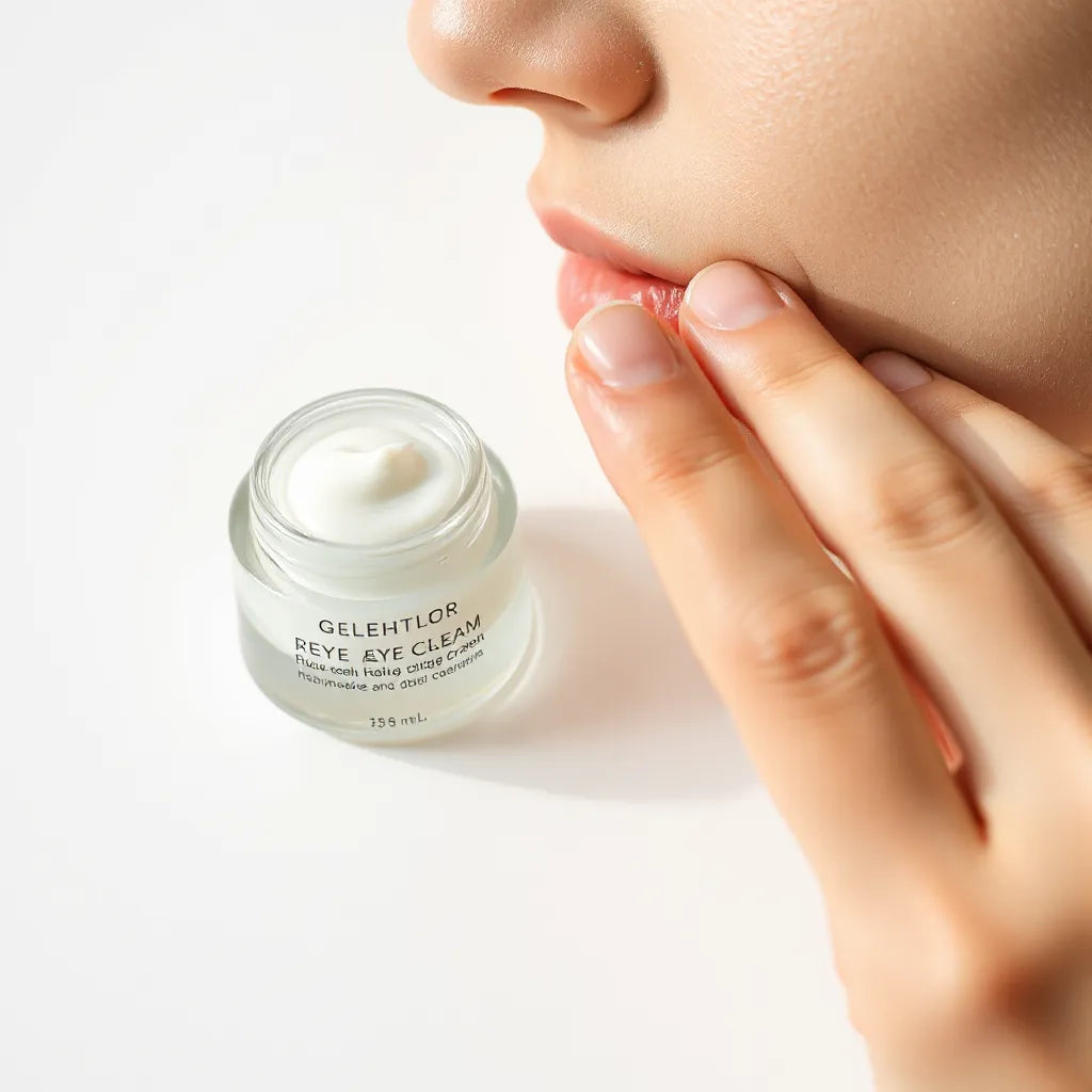 A fingertip applying a small amount of eye cream to the under-eye area on a model