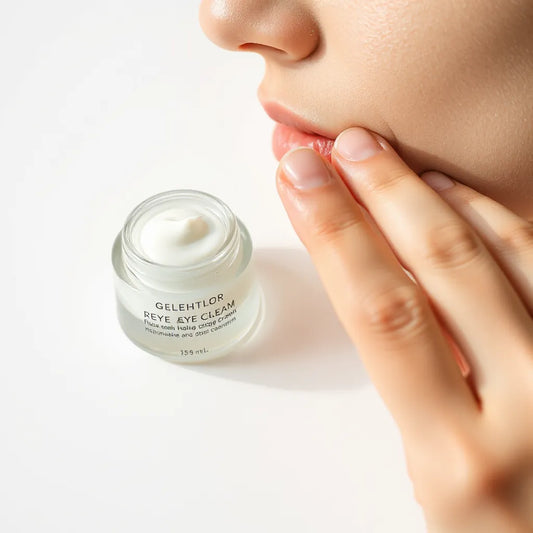 A fingertip applying a small amount of eye cream to the under-eye area on a model
