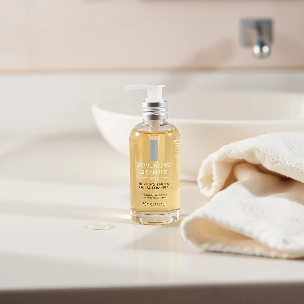 Revitalizing facial cleanser bottle with pump on a clean vanity next to a soft washcloth
