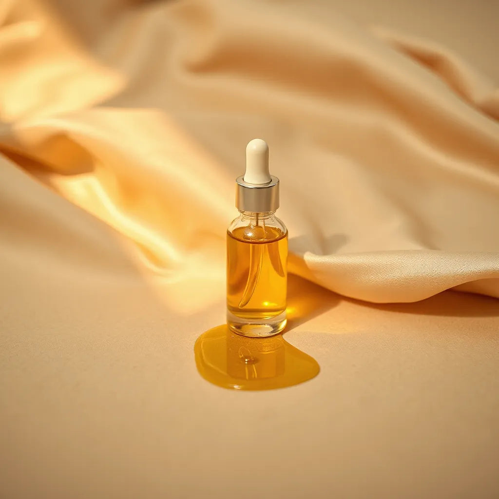 Glass dropper bottle of golden body oil resting near smooth, glowing skin