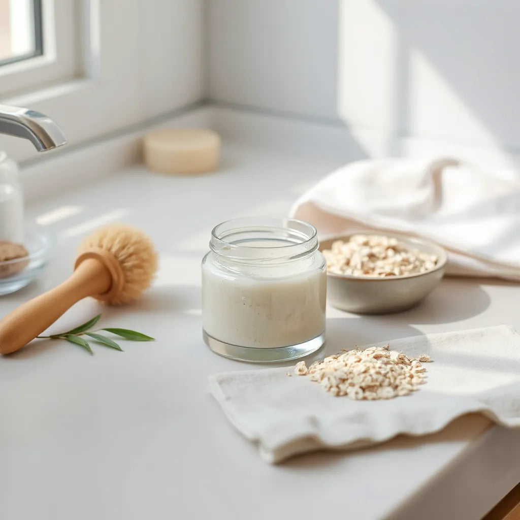 A jar of creamy gentle cleansing scrub with a soft exfoliating brush on a clean vanity