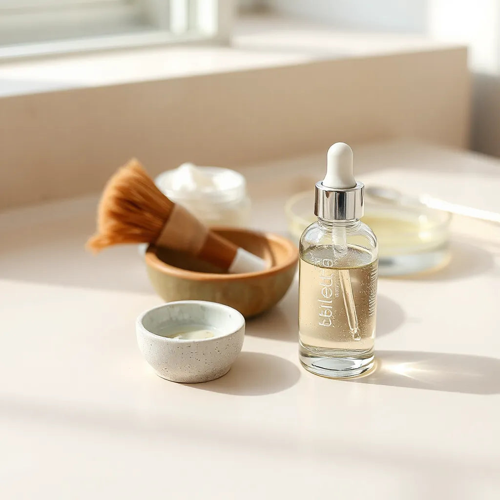 Dropper bottle of clear hydrating facial serum with a few drops and soft skincare items on a clean vanity