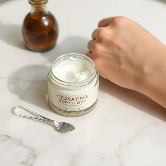 Hydrating body cream jar with spatula and moisturized arm under soft natural light