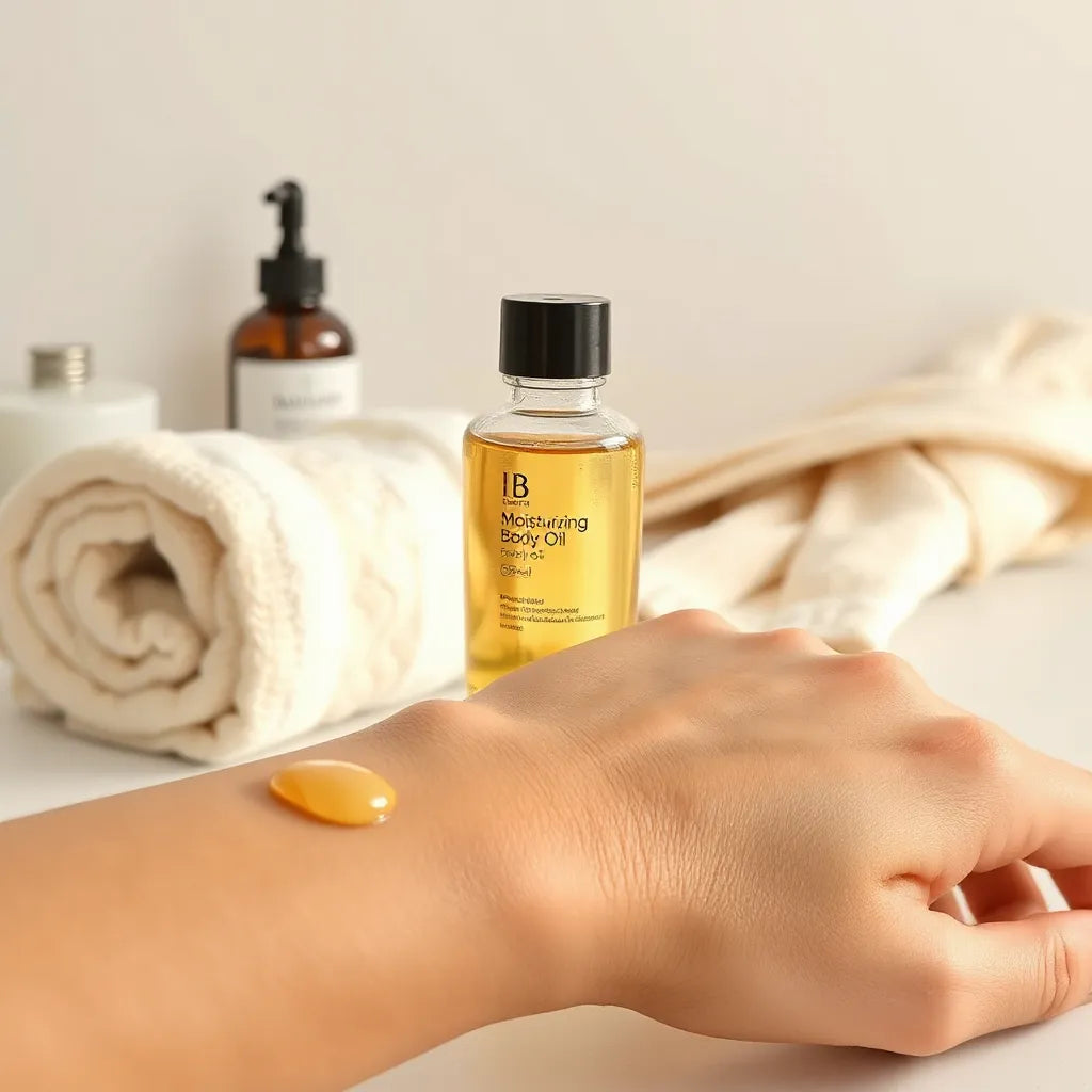 Glass bottle of moisturizing body oil with a soft sheen on smooth forearm skin in warm natural light