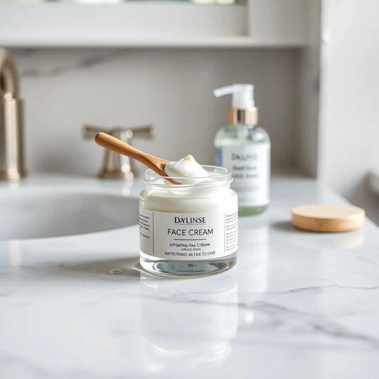 Jar of hydrating face cream on a clean vanity with soft natural water droplets