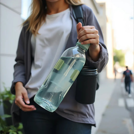 Person carrying a reusable water bottle on a city street, with condensation and a simple, fresh look