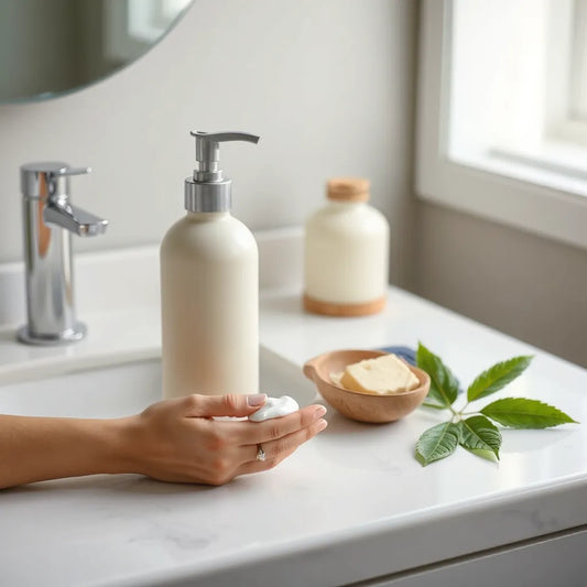 Hydrating body lotion bottle with a hand applying smooth, moisturized-looking lotion on a clean vanity