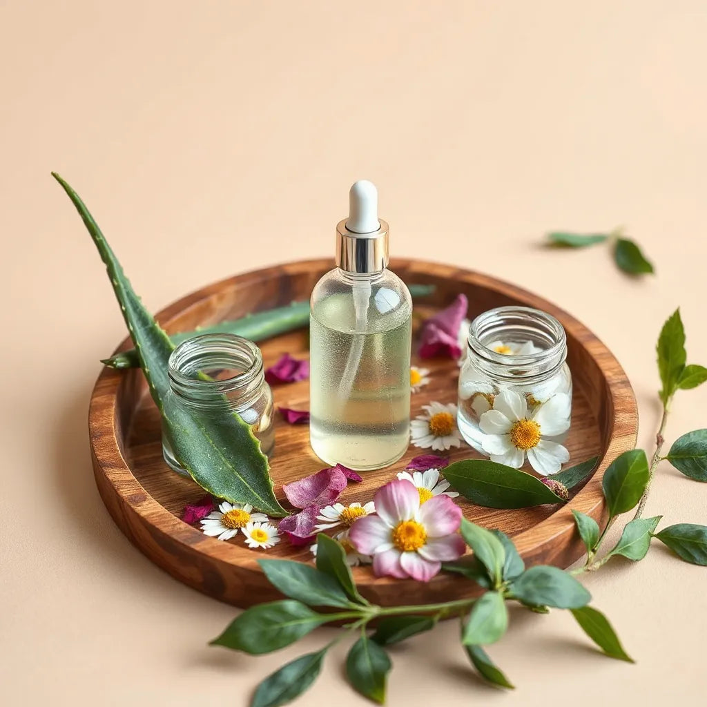 Skincare serum bottles and glass jars beside fresh aloe, chamomile, and green tea leaves on a wooden tray