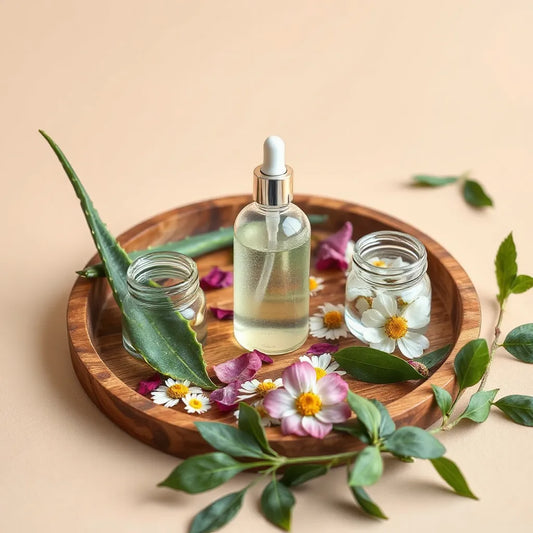 Skincare serum bottles and glass jars beside fresh aloe, chamomile, and green tea leaves on a wooden tray