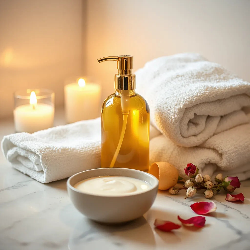 Golden-pumped body lotion and creamy balm on a marble vanity with towel and rose petals