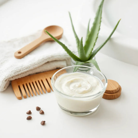 Creamy hair mask in a glass bowl with a comb and brush on a clean bathroom counter