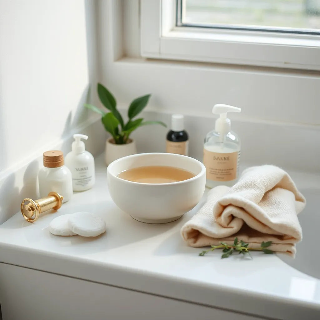 Calm skincare ritual on a bathroom vanity with water, cotton pads, and neatly arranged facial tools