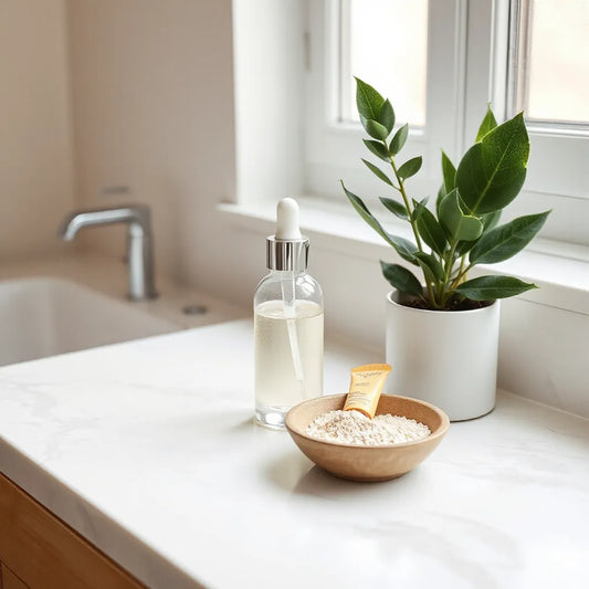 Natural sunscreen products and mineral-style elements on a bright vanity with leafy greenery