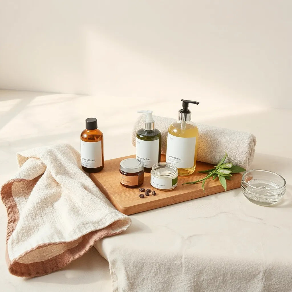 Neatly arranged restorative body care products with soft towel and botanicals on a neutral surface