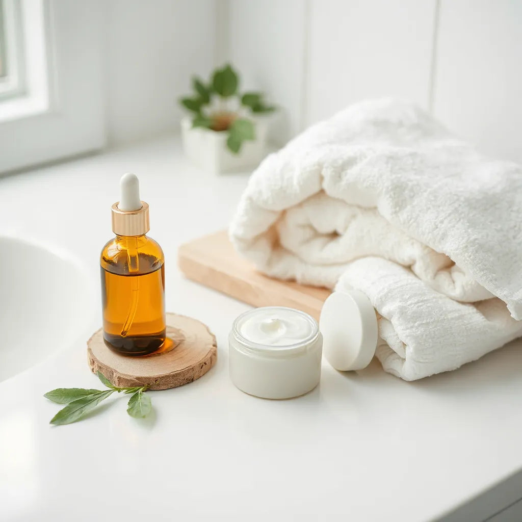 Organic skincare products arranged on a minimalist vanity with natural leaves and a towel