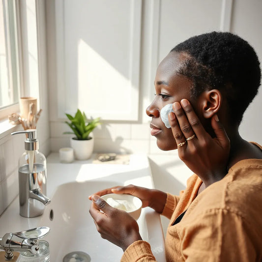 Hands gently applying creamy facial cleanser to the face near a pump bottle in natural light
