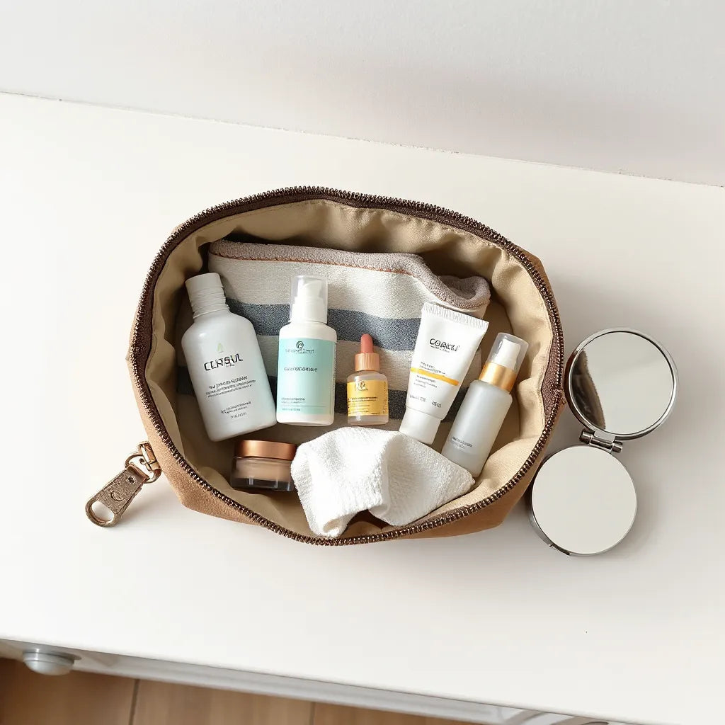 Travel skincare items neatly arranged in an open toiletry bag with sunscreen and moisturizer