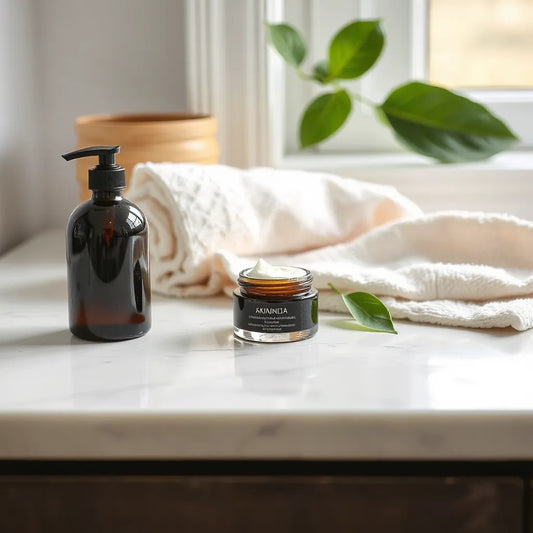 Skincare products and cream on a light marble surface with soft natural light