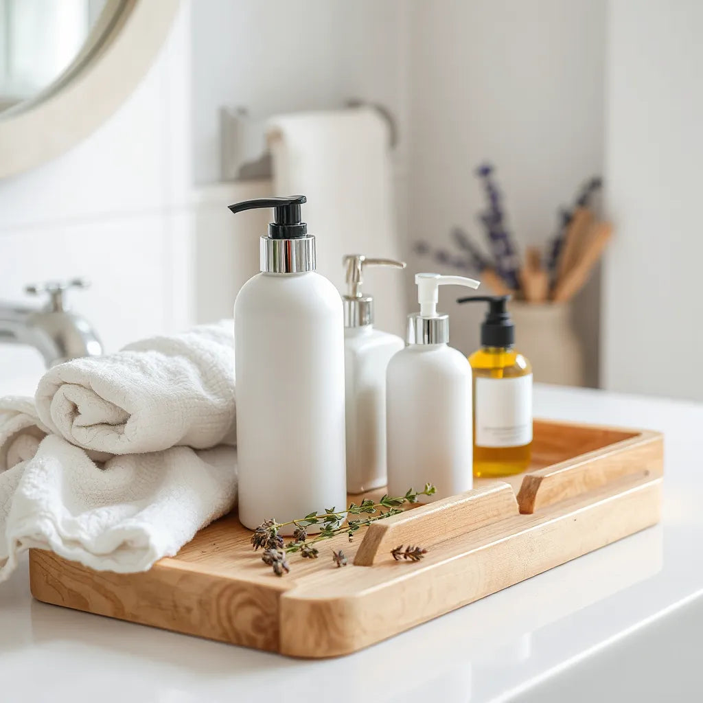 Curated women’s body care products arranged on a bathroom vanity with botanical accents and towels