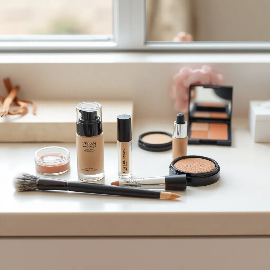 Assorted vegan makeup products in refillable containers on a neutral vanity with makeup brush and applicator