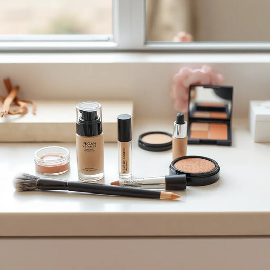 Assorted vegan makeup products in refillable containers on a neutral vanity with makeup brush and applicator
