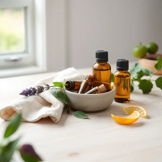 Amber essential oil bottles and a small bowl beside fresh lavender and eucalyptus on a light wood surface
