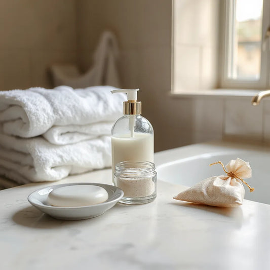 Elegant luxury bath and body products on a clean spa-like bathroom countertop with soft towels
