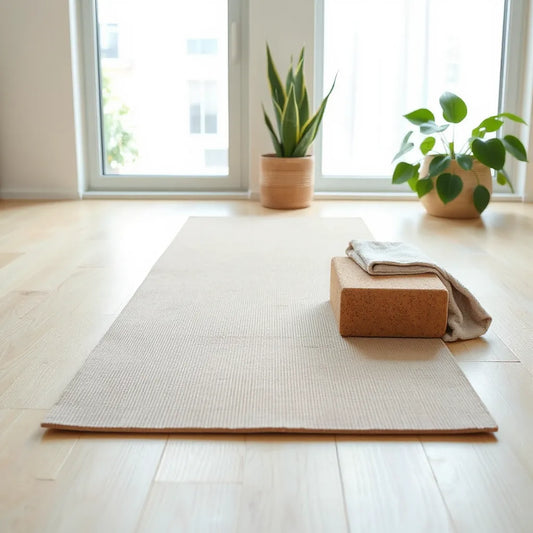 Eco-friendly yoga mat on a light wooden floor with natural accessories near a window