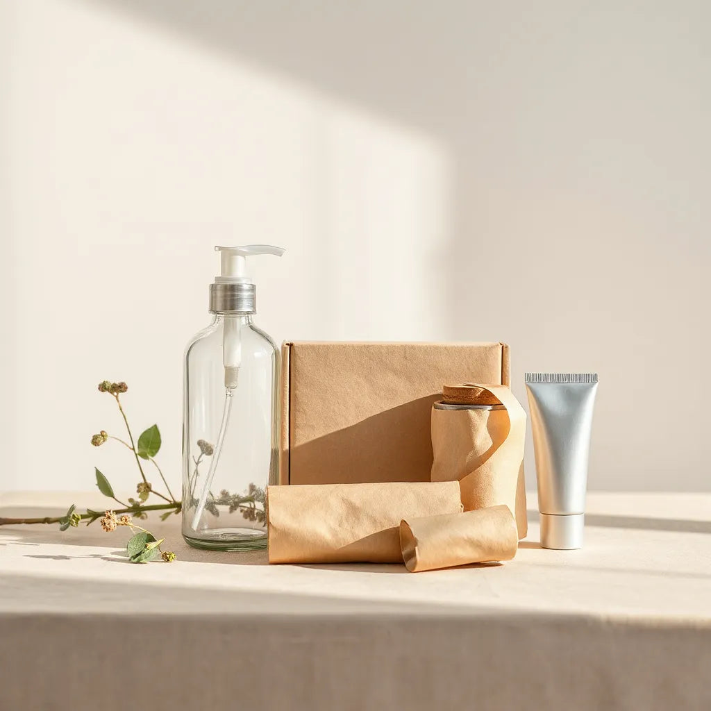 Refillable glass beauty bottle with kraft paper packaging and recycled materials on a neutral background