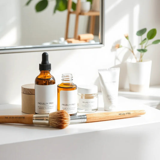 Assorted cruelty-free skincare bottles and jars arranged on a bright vanity with soft natural light
