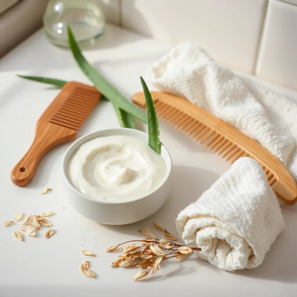 Creamy plant-based conditioner beside aloe and oat ingredients with a wooden comb on a clean vanity
